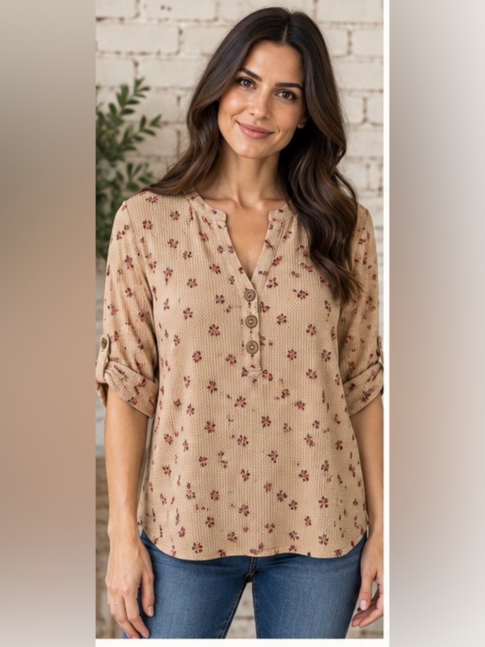 HEIMISH USA Beige Floral Button-Front Henley Tunic NWOT